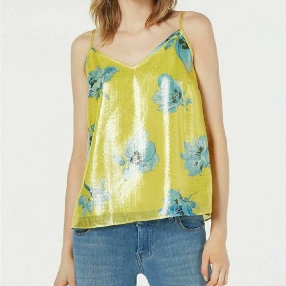 Bar III Womens Size XS Yellow Sleeveless Printed Shine Top Cami Shirt Floral 761